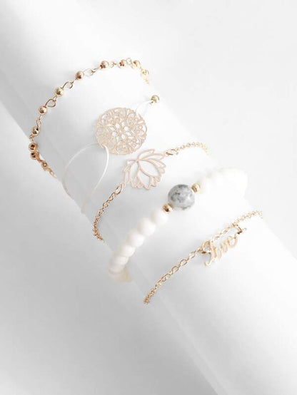 Lotus & Letter Detail Chain Bracelet 5pcs - LuckyFash™