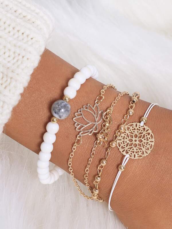 Lotus & Letter Detail Chain Bracelet 5pcs - LuckyFash™