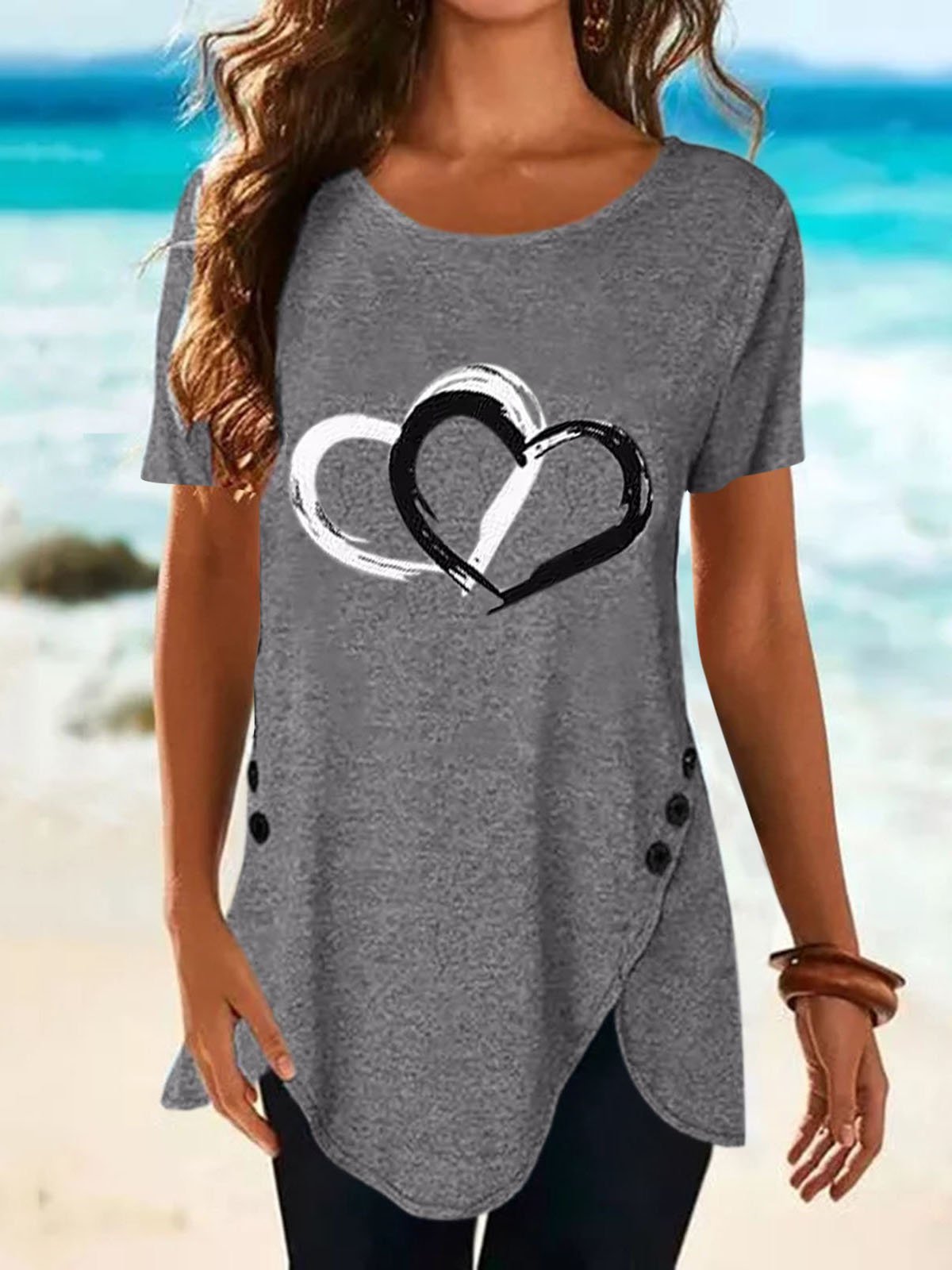 Love Print Button Short Sleeve T-shirt - LuckyFash™