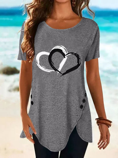 Love Print Button Short Sleeve T-shirt - LuckyFash™