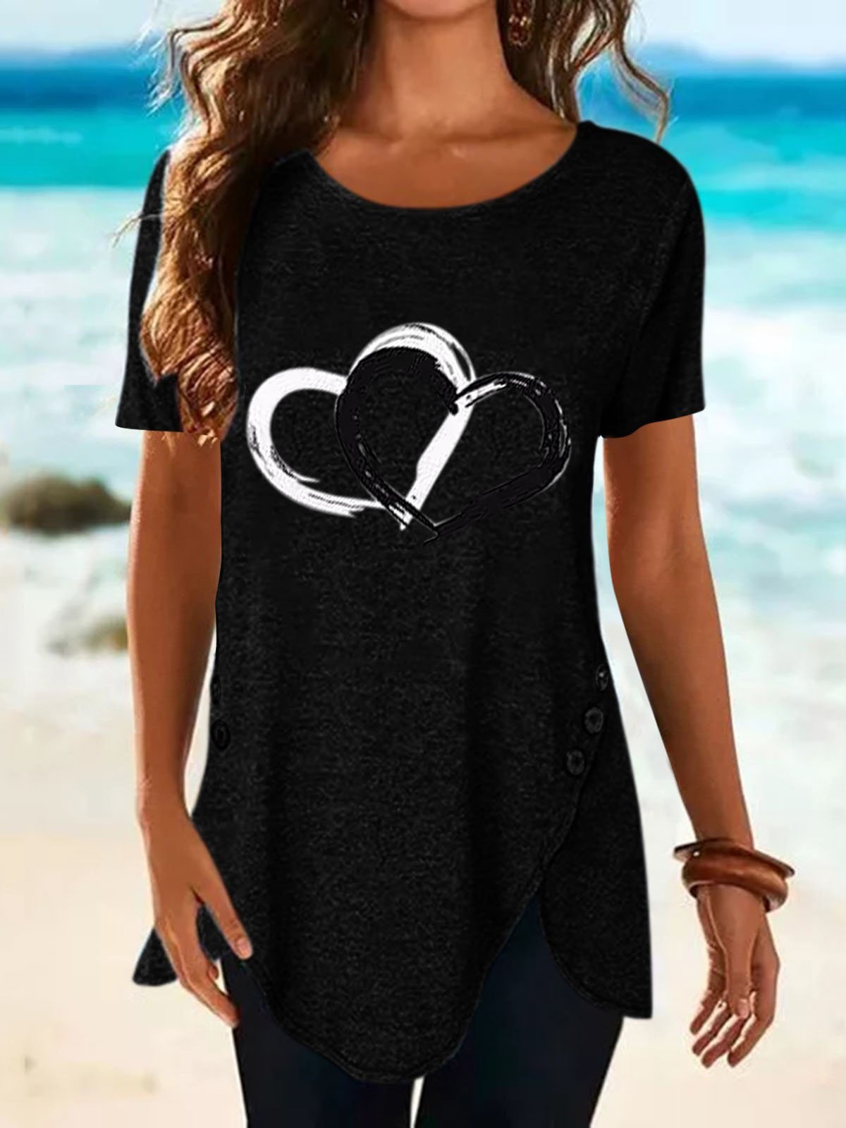 Love Print Button Short Sleeve T-shirt - LuckyFash™