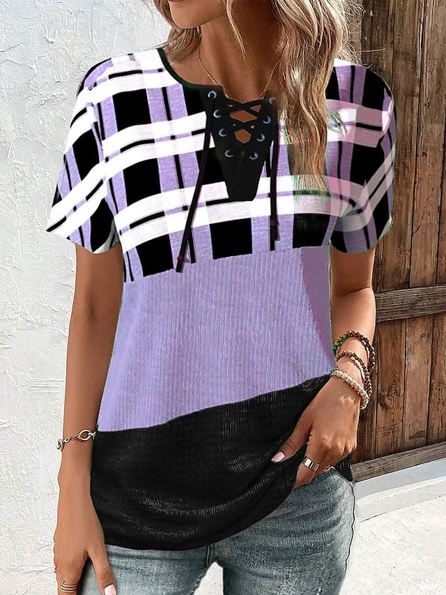 Women's T shirt Tee Blouse Pink Blue Purple Plaid Color Block Lace up Print Short Sleeve Casual Basic V Neck Regular S - LuckyFash™