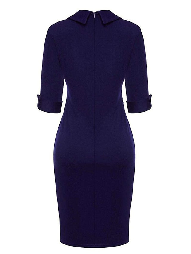 Women's Work Dress Sheath Dress Black Dress Fashion Midi Dress Button Lapel Half Sleeve Plain Slim Black Wine Navy Blue Summer Spring S M L XL XXL - LuckyFash™