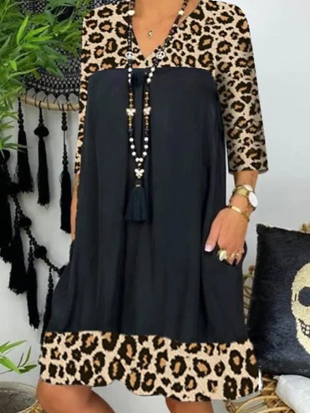 Women's A Line Dress Knee Length Dress Black Long Sleeve Leopard Patchwork Summer Spring V Neck Casual Winter Dress Fall Dress Loose Fit 2023 S M L XL XXL 3XL - LuckyFash™