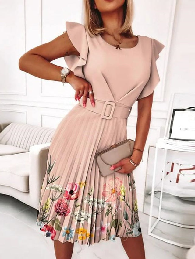 Women's Work Dress Floral Dress Midi Dress Black Pink Blue Short Sleeve Floral Ruched Spring Summer Crew Neck Elegant 2023 S M L XL XXL - LuckyFash™