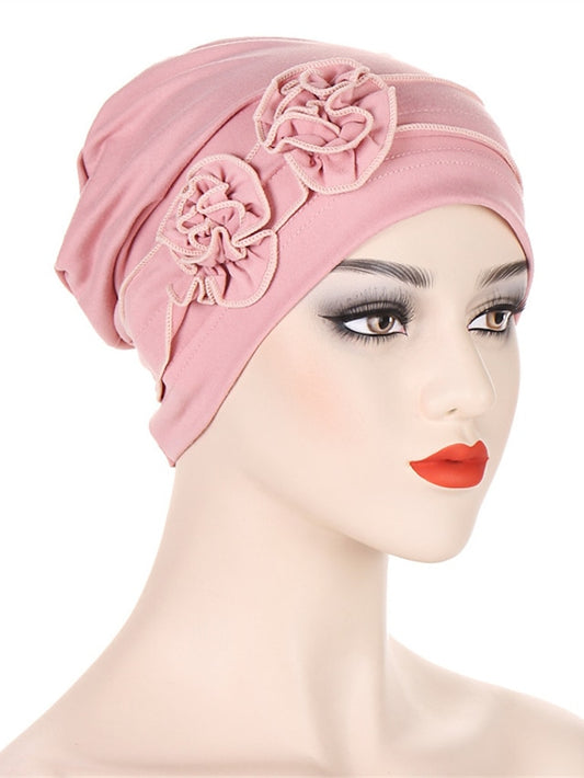 1pcs Beanie Hat Headwear Turban Covers Two Flower Head Wraps Turban Hat Classic Vintage Women Solid Color Soft Headgear - LuckyFash™