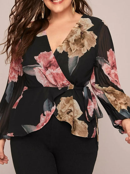 Women's Blouse Black Floral Ruched Print Long Sleeve Work Going out Festival V Neck L - LuckyFash™