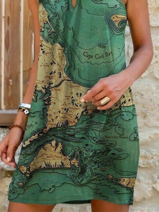 Map Print Sleeveless Halterneck Dress - LuckyFash™