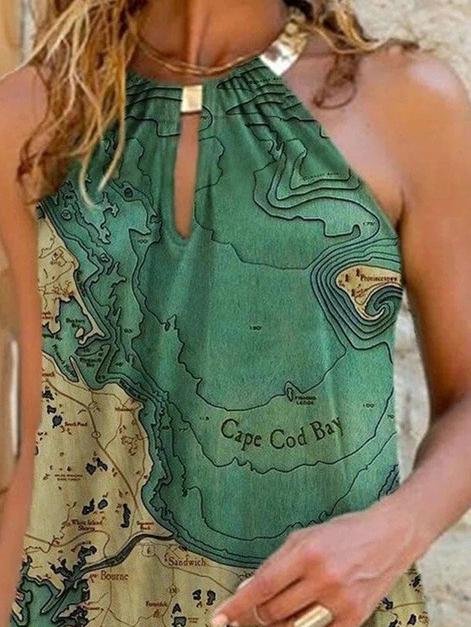 Map Print Sleeveless Halterneck Dress - LuckyFash™