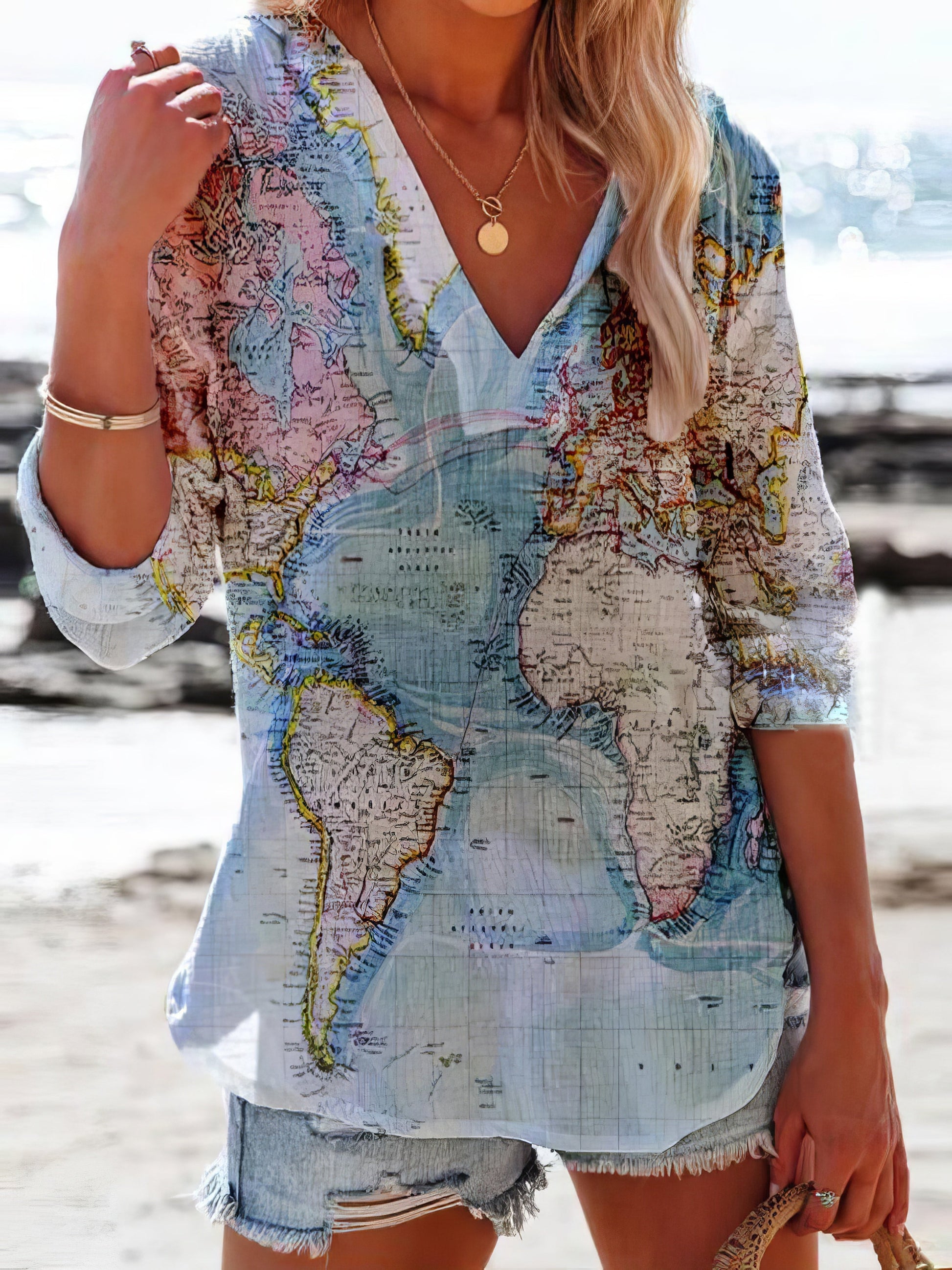 Map Printed V-Neck Casual Long Sleeve Blouses - LuckyFash™