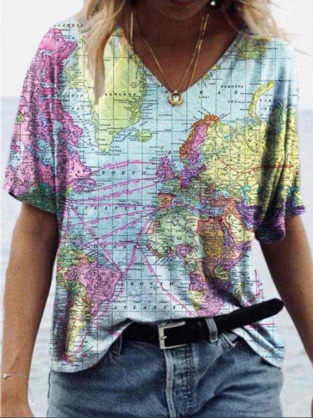 Map Printed V-neck Short-sleeved T-shirt - LuckyFash™