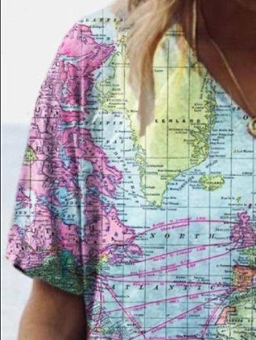 Map Printed V-neck Short-sleeved T-shirt - LuckyFash™