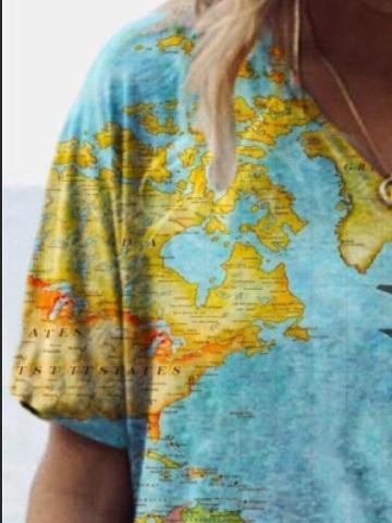 Map Printed V-neck Short-sleeved T-shirt - LuckyFash™