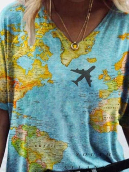 Map Printed V-neck Short-sleeved T-shirt - LuckyFash™
