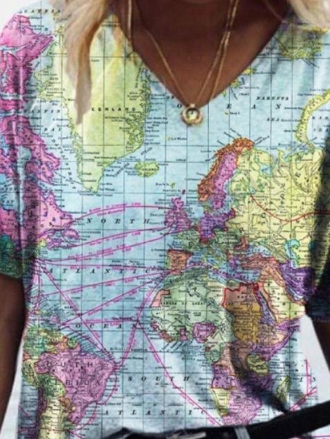 Map Printed V-neck Short-sleeved T-shirt - LuckyFash™