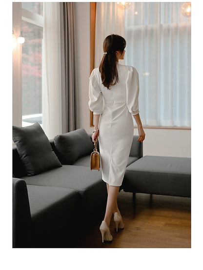 Womenâ€˜s Wrap Dress Mini Dress White Long Sleeve Solid Color Modern Style Fall Spring Round Neck Casual Gentle 2023 S M L XL - LuckyFash™