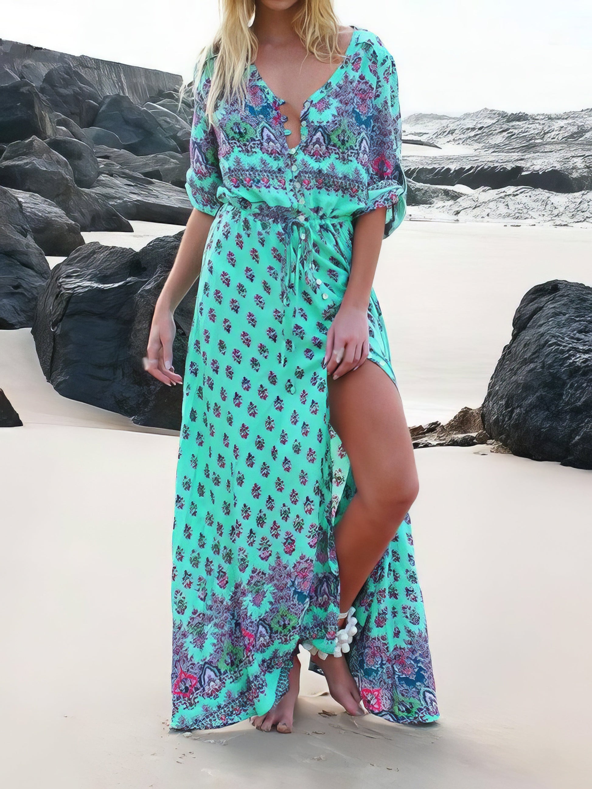 Mid-sleeve V-neck Bohemian Long Dress - LuckyFash™
