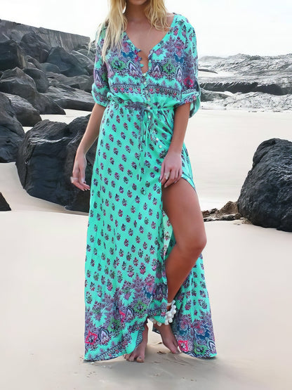 Mid-sleeve V-neck Bohemian Long Dress - LuckyFash™
