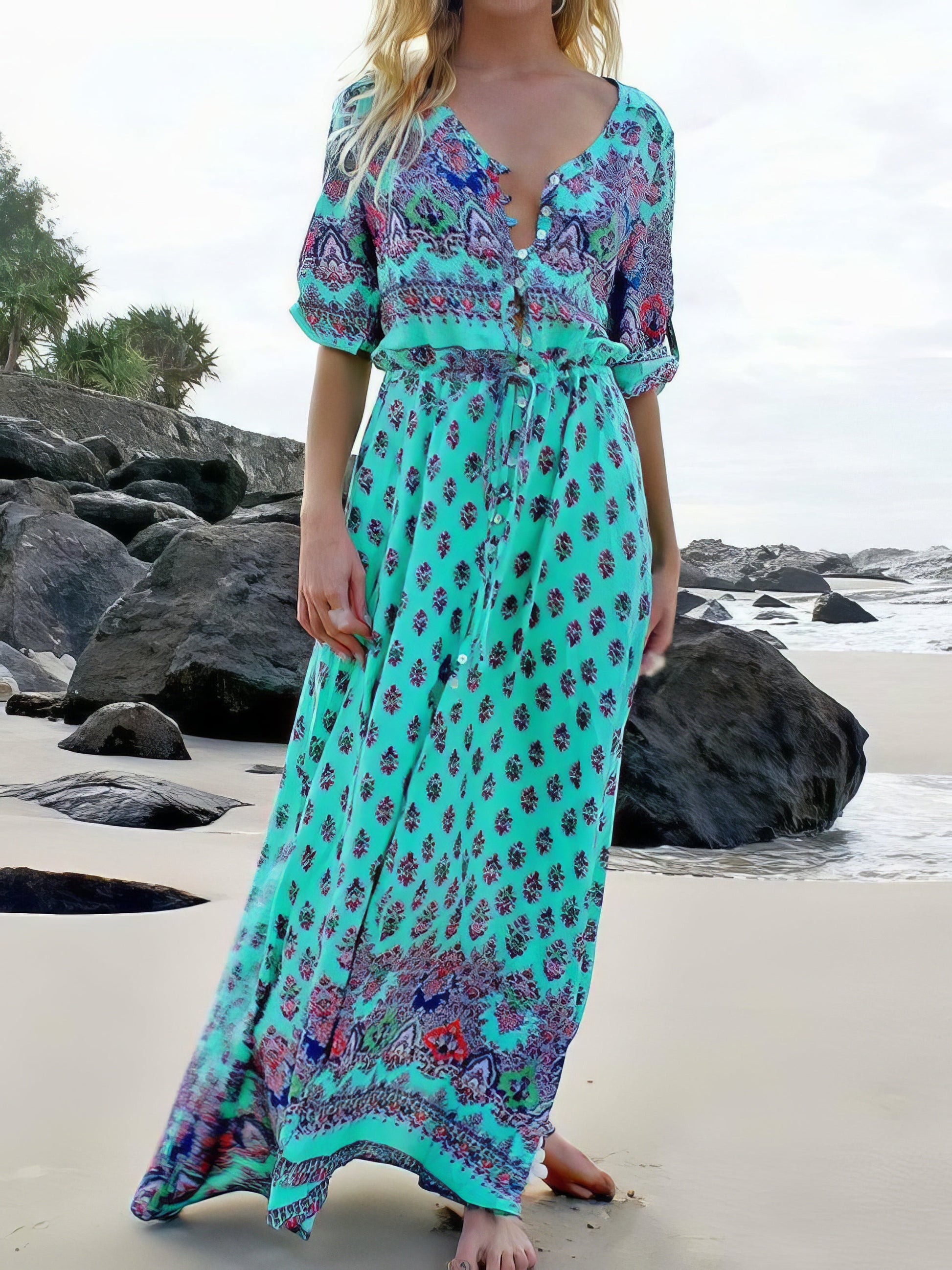Mid-sleeve V-neck Bohemian Long Dress - LuckyFash™