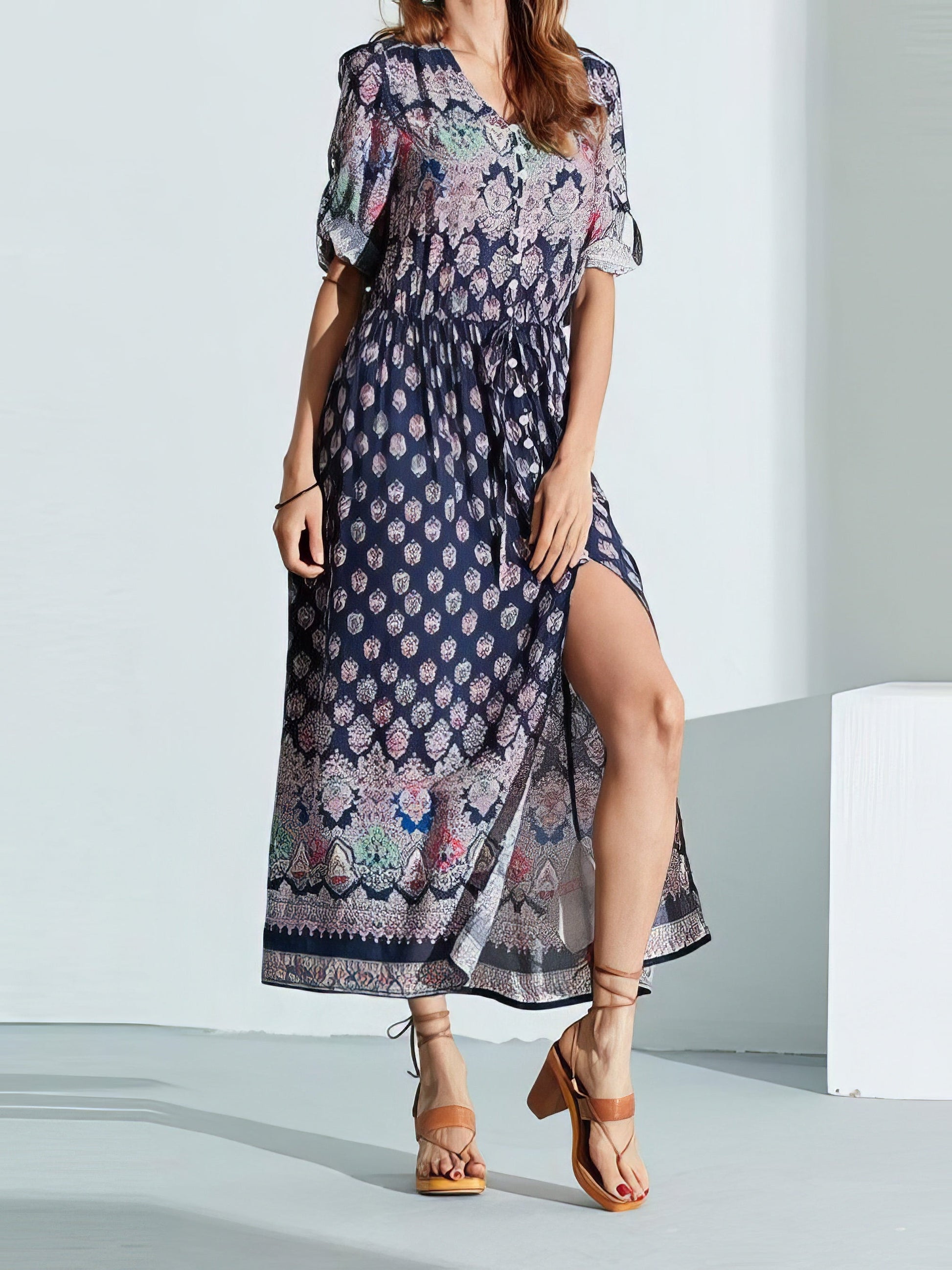 Mid-sleeve V-neck Bohemian Long Dress - LuckyFash™