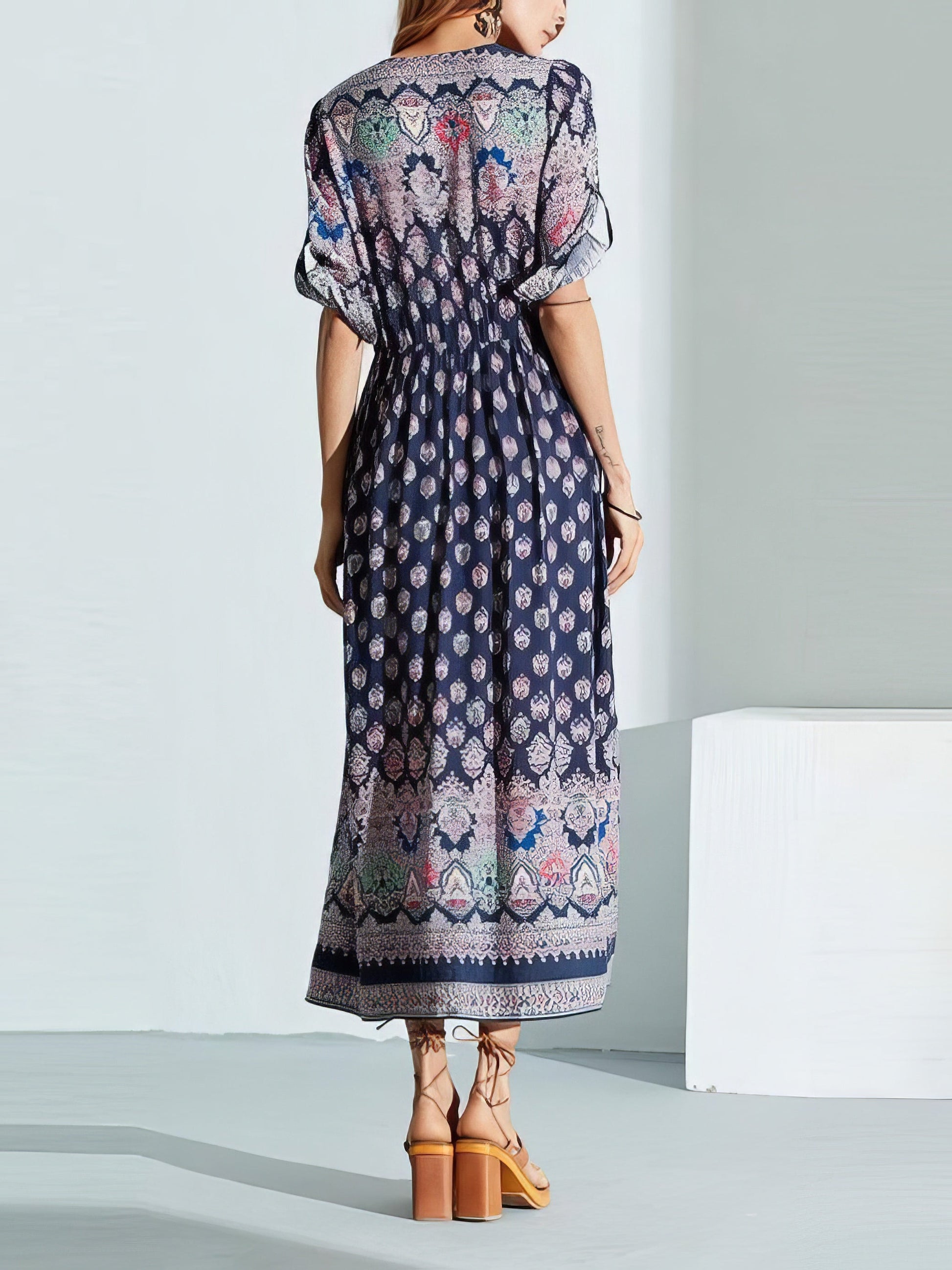 Mid-sleeve V-neck Bohemian Long Dress - LuckyFash™