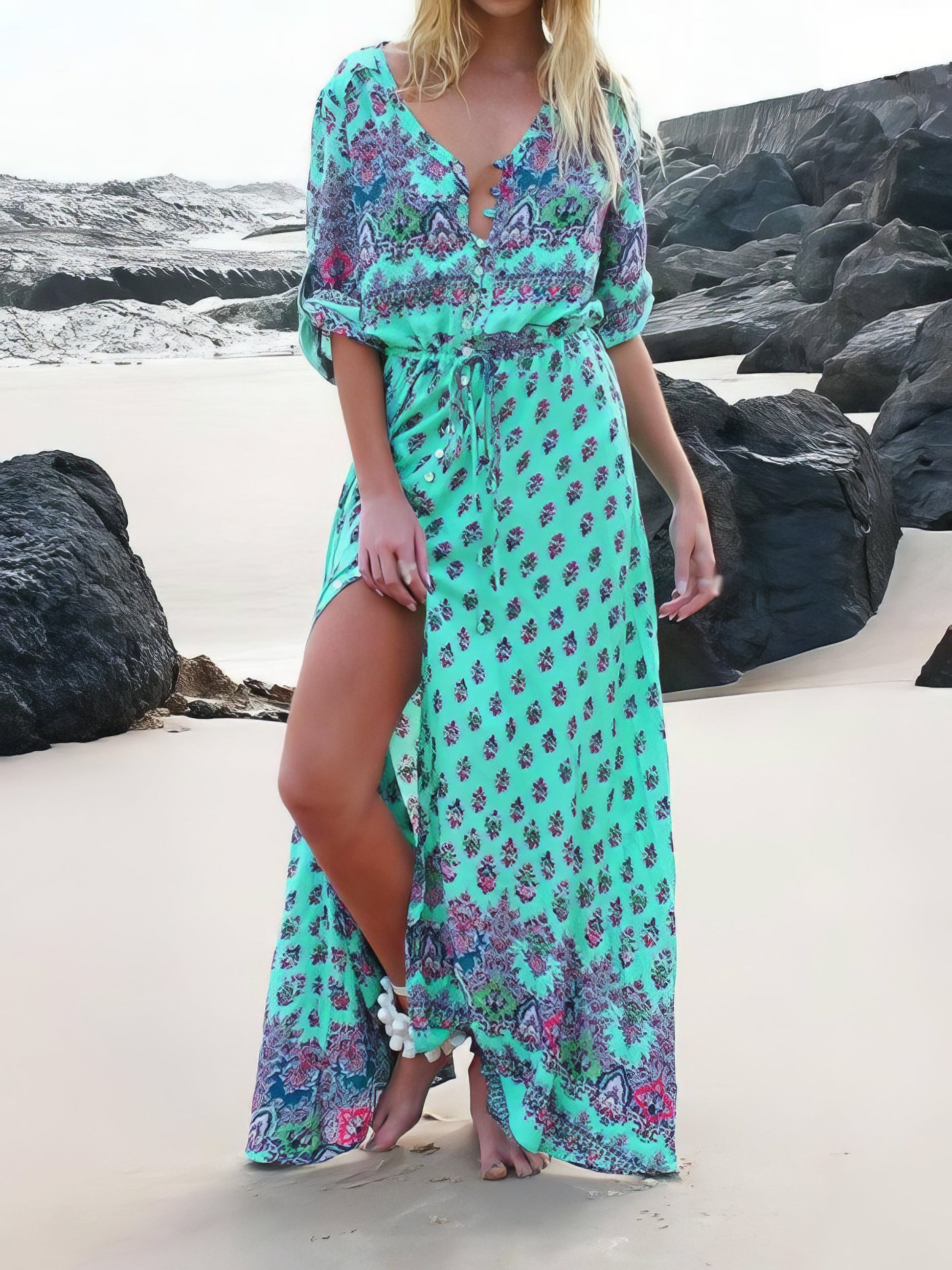 Mid-sleeve V-neck Bohemian Long Dress - LuckyFash™