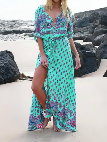 Mid-sleeve V-neck Bohemian Long Dress - LuckyFash™
