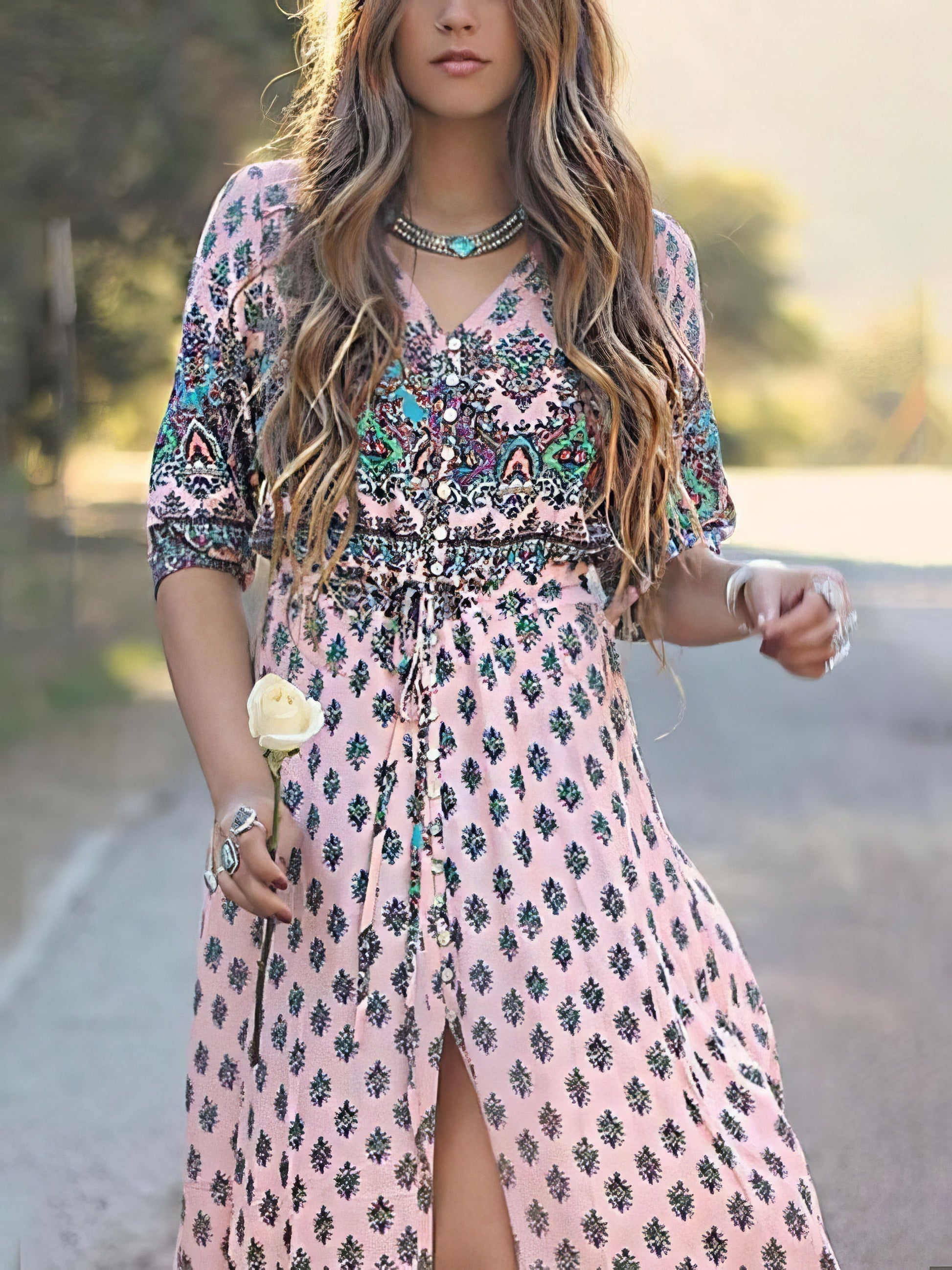 Mid-sleeve V-neck Bohemian Long Dress - LuckyFash™