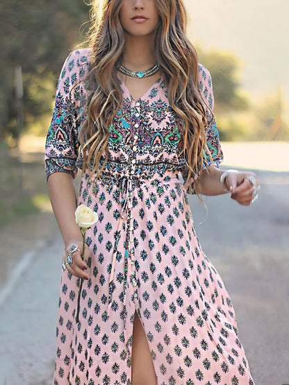 Mid-sleeve V-neck Bohemian Long Dress - LuckyFash™