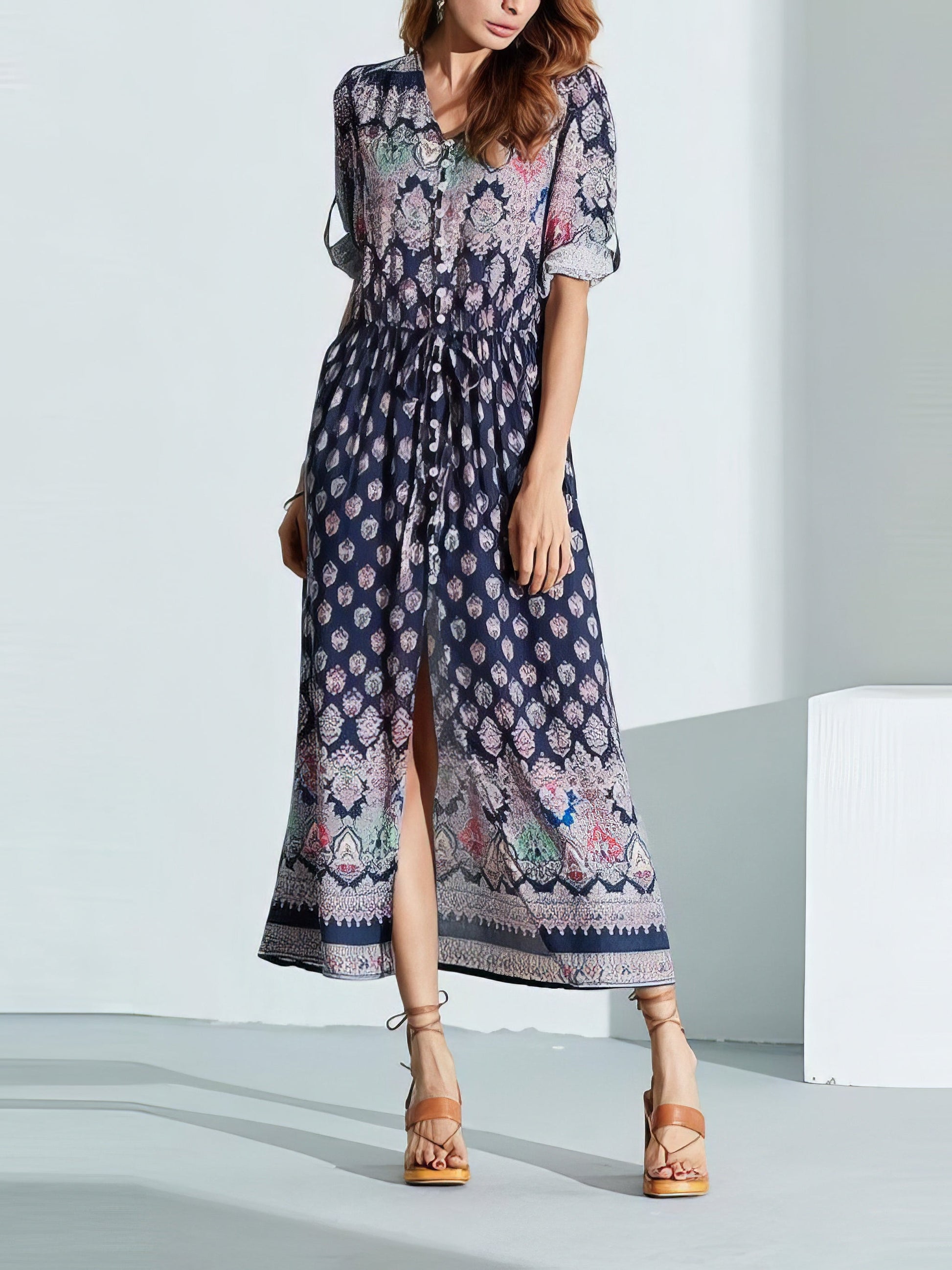 Mid-sleeve V-neck Bohemian Long Dress - LuckyFash™