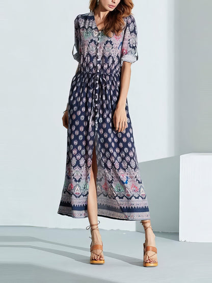 Mid-sleeve V-neck Bohemian Long Dress - LuckyFash™