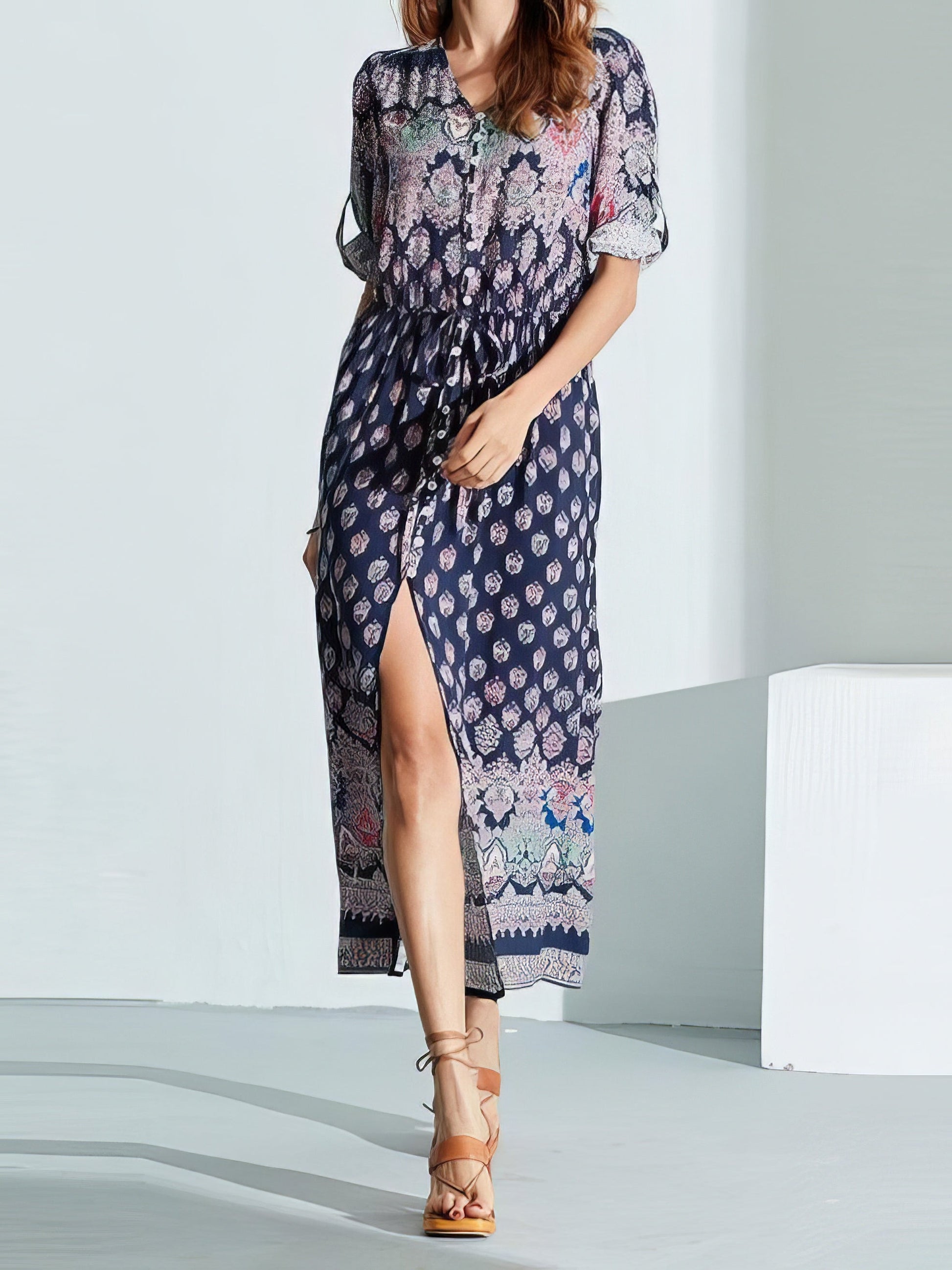 Mid-sleeve V-neck Bohemian Long Dress - LuckyFash™