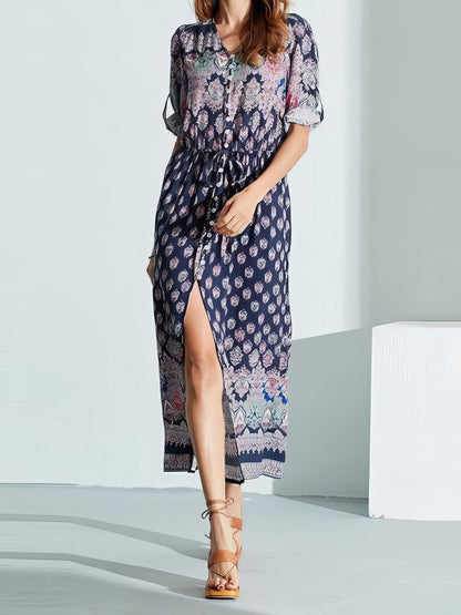 Mid-sleeve V-neck Bohemian Long Dress - LuckyFash™