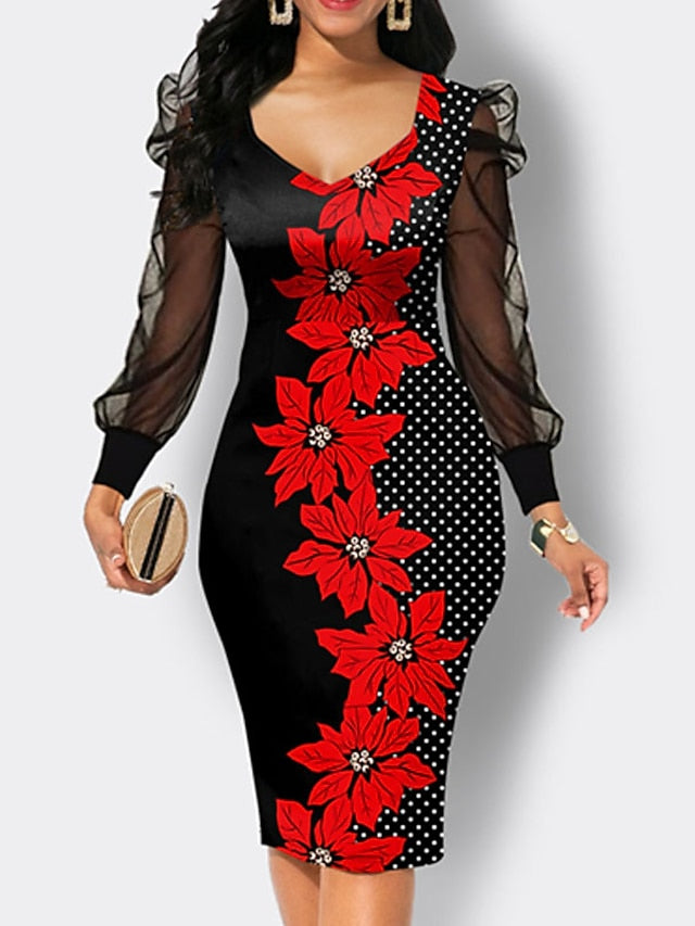 Women's Work Dress Bodycon Sheath Dress Midi Dress Black Red Blue Long Sleeve Floral Mesh Summer Spring Crew Neck Fashion Office Mesh S M L XL XXL 3XL - LuckyFash™