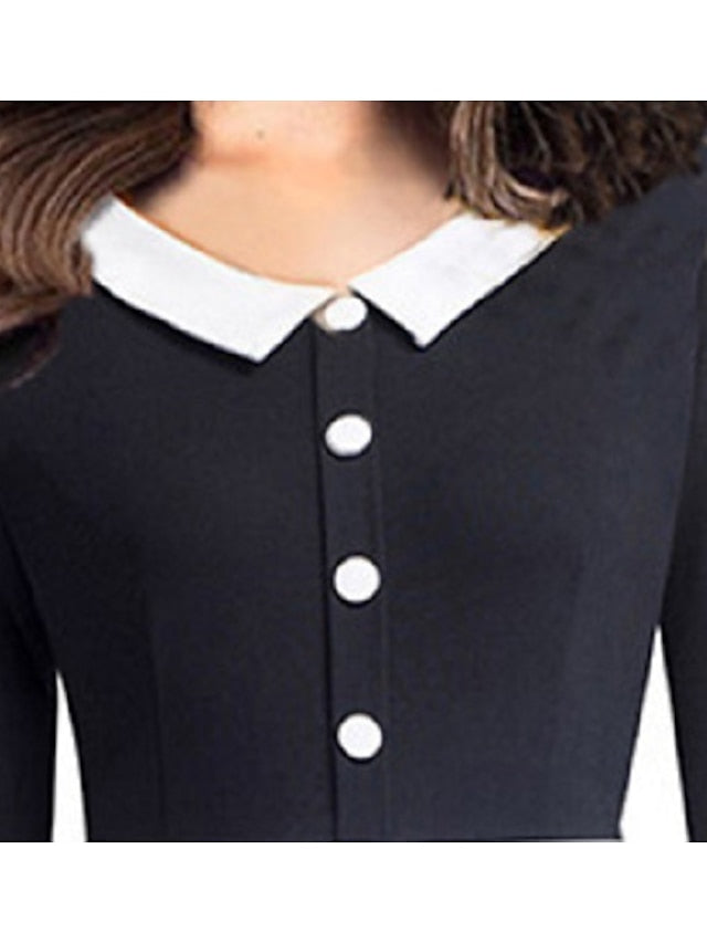 Women's Blazer Dress A Line Dress Church Dress Midi Dress Black White 3/4 Length Sleeve Striped Ruched Fall Winter Autumn Shirt Collar Work Slim 2023 S M L XL XXL - LuckyFash™