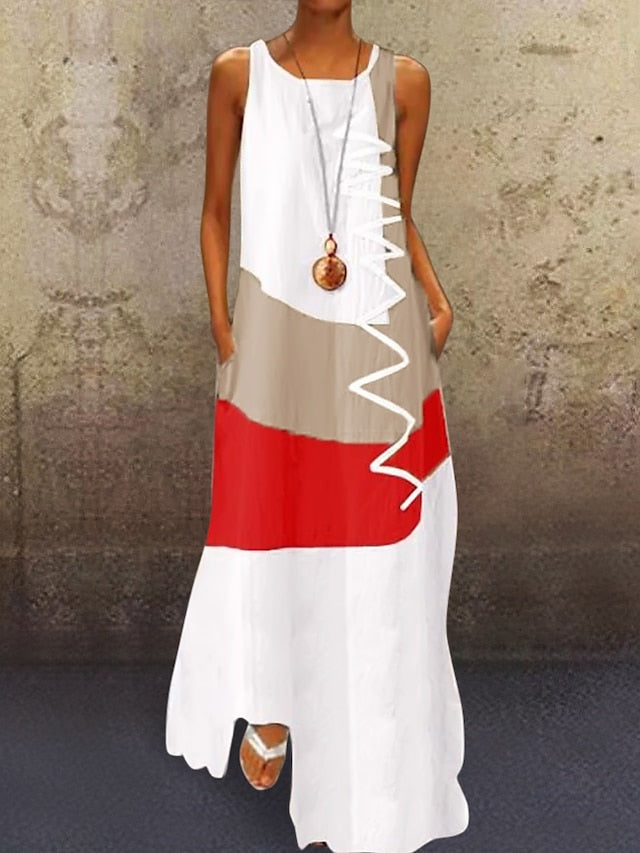 Women's Casual Dress Boho Dress Long Dress Maxi Dress Blue Khaki Red Sleeveless Graphic Print Fall Spring Summer Crew Neck Fashion Daily Vacation Summer Dress 2023 S M L XL XXL 3XL 4XL 5XL - LuckyFash™