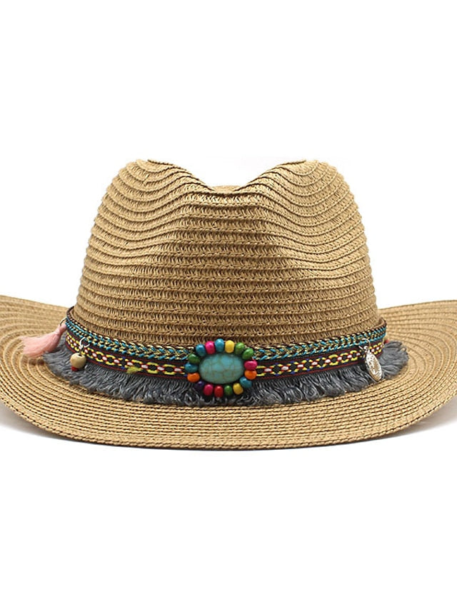 1pcs Elegant Tassel Beach Hats For Women Holiday Hats Ladies Sun Hat Summer Straw Hats Foldable Travel Couple Cowboy Visor Hat - LuckyFash™