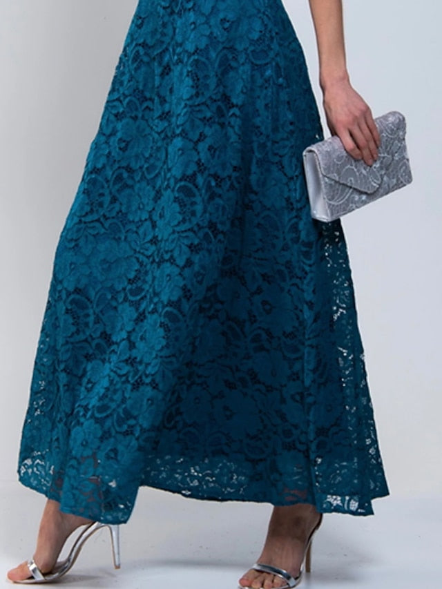 Women's A Line Dress Maxi long Dress Royal Blue Lace Dress Half Sleeve Floral Solid Color Ruched Print Spring Summer Crew Neck Stylish Elegant 2023 S-3XL - LuckyFash™