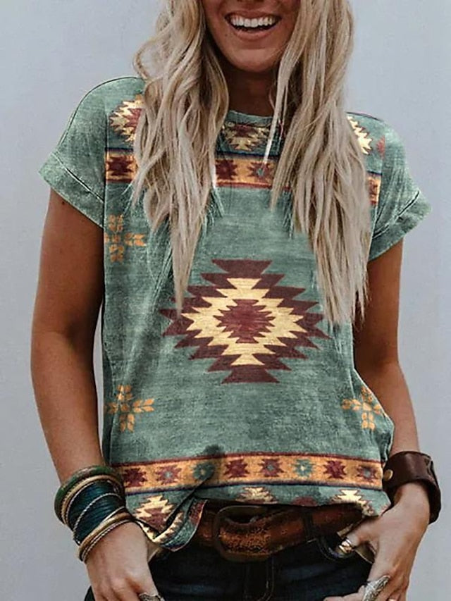 Women's T shirt Tee Yellow Brown Green Geometric Daily Going out Basic Round Neck S - LuckyFash™