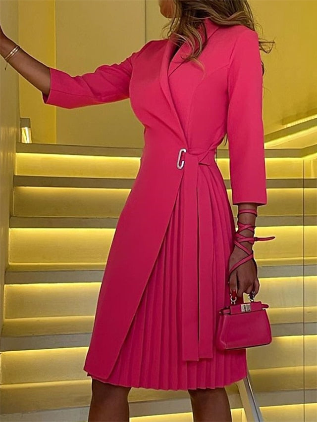 Women's Work Dress Blazer Dress Sheath Dress Midi Dress Black Fuchsia Orange Long Sleeve Pure Color Lace up Winter Fall Autumn Shirt Collar Stylish Winter Dress Daily Fall Dress 2023 S M L XL - LuckyFash™