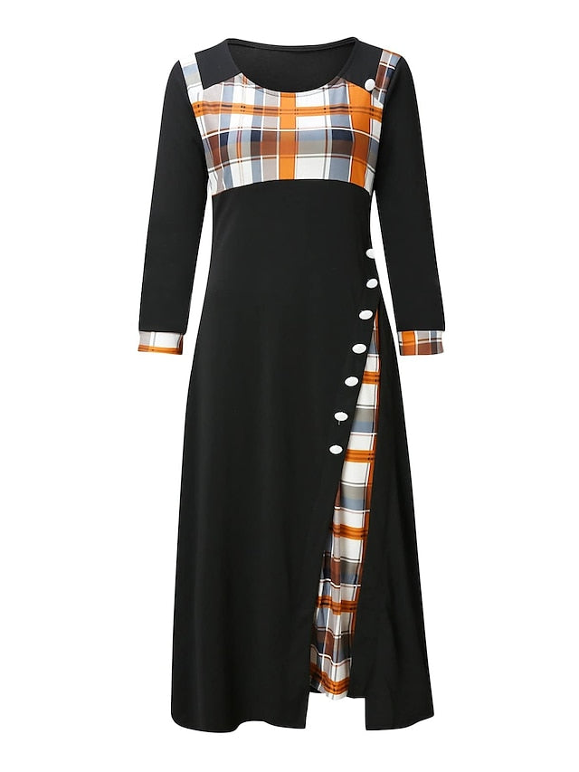 Women's Work Dress Swing Dress Plaid Dress Midi Dress Black Yellow Wine Half Sleeve Plaid Patchwork Summer Spring Crew Neck Modern Winter Dress Office Birthday 2023 S M L XL XXL 3XL 4XL 5XL - LuckyFash™