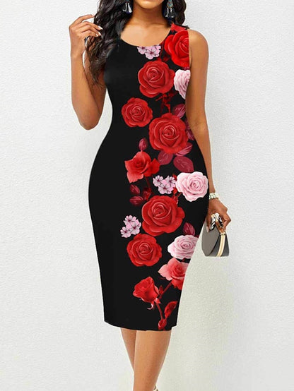 Women's Work Dress Bodycon Sheath Dress Midi Dress Black Wine Red Sleeveless Floral Print Spring Summer Crew Neck Fashion Date Summer Dress 2023 S M L XL XXL 3XL - LuckyFash™