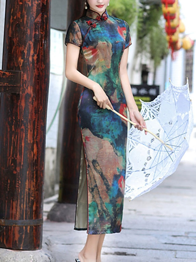 Women's Bodycon Sheath Dress Cheongsam Dress Midi Dress Red Blue Gold Short Sleeve Floral Split Spring Summer Stand Collar Elegant Weekend 2023 M L XL XXL 3XL 4XL 5XL - LuckyFash™