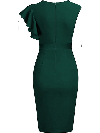 Women's Work Dress Sheath Dress Semi Formal Dress Fashion Midi Dress Ruched Ruffle Crew Neck Short Sleeve Plain Regular Fit Black Wine Green Summer Spring S M L XL XXL - LuckyFash™