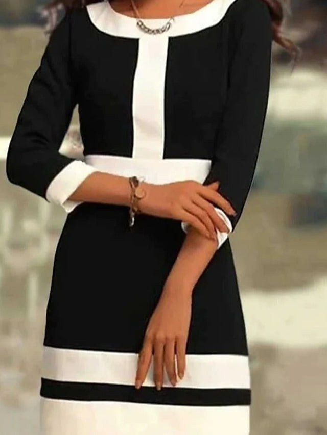 Women's Work Dress Sheath Dress Mini Dress Black And White 3/4 Length Sleeve Print Patchwork Winter Fall Spring Crew Neck Elegant 2023 S M L XL 2XL 3XL - LuckyFash™