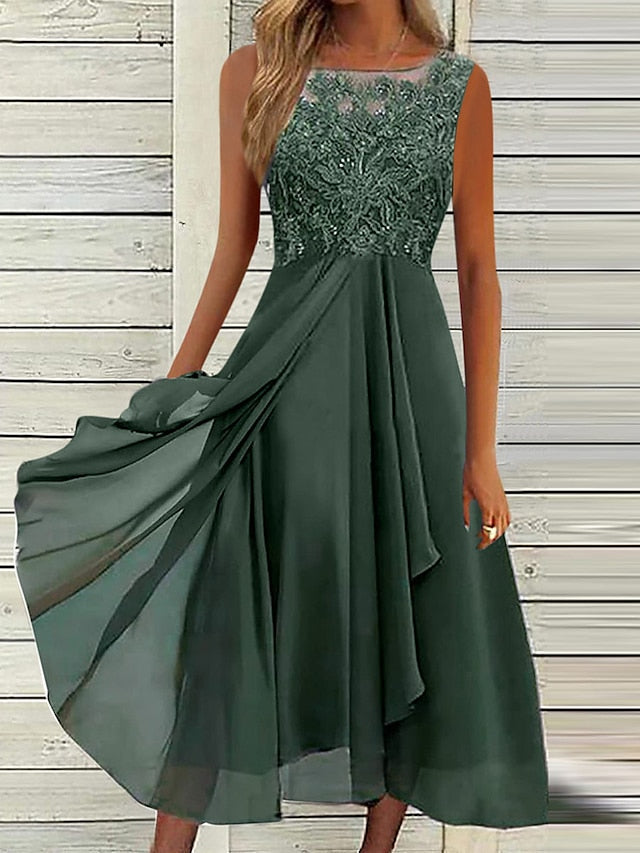 Women's Wedding Guest Dress Party Dress Lace Dress Midi Dress Blue Purple Green Sleeveless Pure Color Lace Summer Spring Fall Crew Neck Fashion Evening Party Wedding Guest Vacation 2023 S M L XL 2XL - LuckyFash™