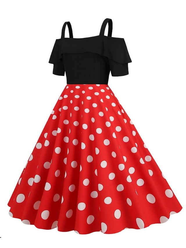 Women's 1950s Vintage Vintage Dress Midi Dress Holiday Date Ruched Print Polka Dot Spaghetti Strap Short Sleeve Regular Fit Summer Spring 2023 Black Yellow S M L XL - LuckyFash™