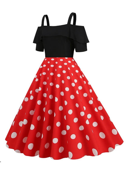 Women's 1950s Vintage Vintage Dress Midi Dress Holiday Date Ruched Print Polka Dot Spaghetti Strap Short Sleeve Regular Fit Summer Spring 2023 Black Yellow S M L XL - LuckyFash™