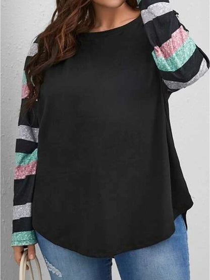 Women's Blouse Black Color Block Print Long Sleeve Daily Vacation Casual Crew Neck Plus Size L - LuckyFash™