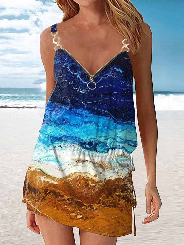 Women's Beach Dress Beach Wear Mini Dress Zipper Print Tropical Fashion Floral Spaghetti Strap Sleeveless Regular Fit Outdoor Daily Black And White White 2023 Summer Spring S M L XL - LuckyFash™